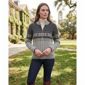 Vintage Mac & Jac Wool Fair Isle Cardigan Size S M Gray Ski Nordic Alpine Cabin